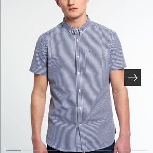 Superdry London Chalk Stripe Navy Short Sleeve Button Down Shirt Size L